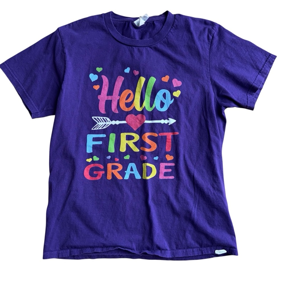 Hello First Grade T-shirt Size Youth Large 1st Grade Purple with Rainbow Print
